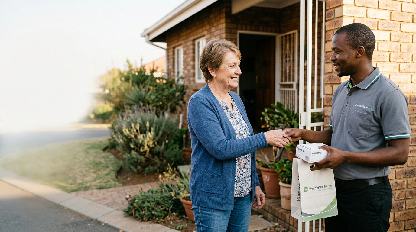 HealthReachCare prescription medication delivery by Black South African driver to White South African female customer at home